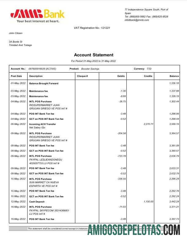 Extrato bancário realista da Espanha JMMB modelo Word e PDF, 2 páginas